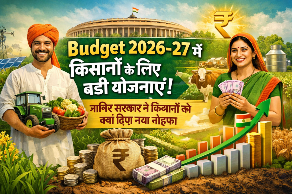 Budget 2026-27 में किसानों के लिए बड़ी योजनाओं को दर्शाती इमेज, जिसमें किसान, कृषि, सरकारी बजट, रुपये का चिन्ह और आर्थिक विकास दिखाया गया है