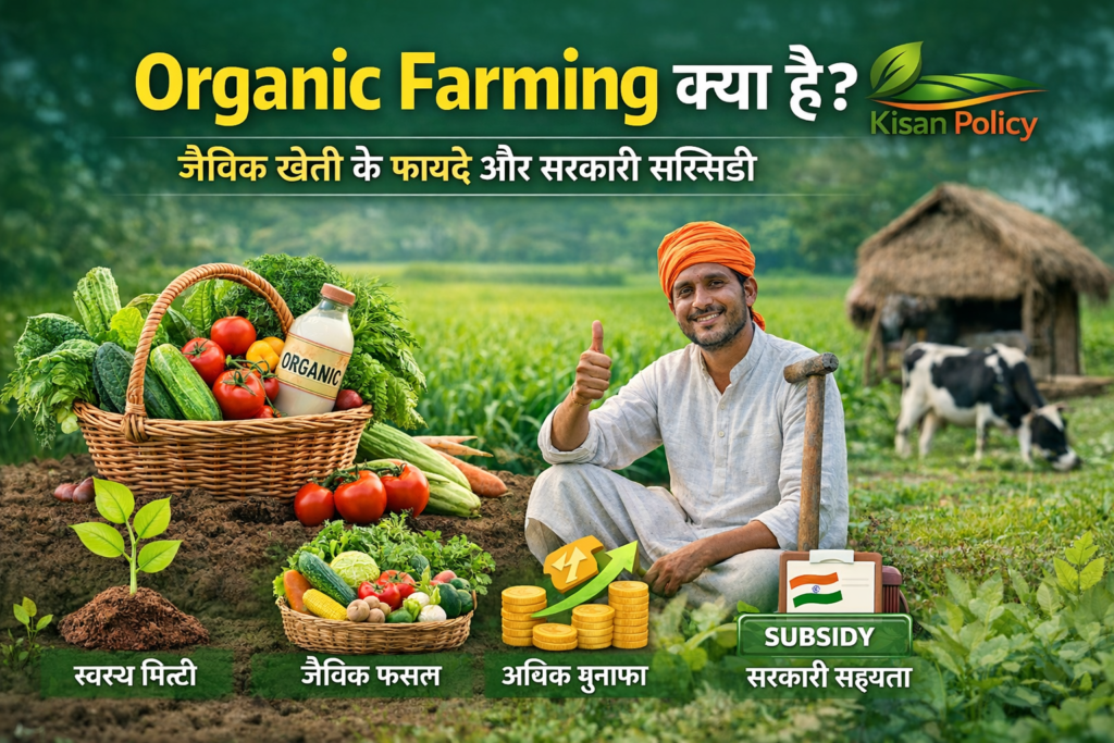 Organic Farming क्या है featured image जिसमें किसान खेत में जैविक सब्जियों के साथ दिख रहा है और जैविक खेती के फायदे, अधिक मुनाफा और सरकारी सहायता दर्शाई गई है – Kisan Policy